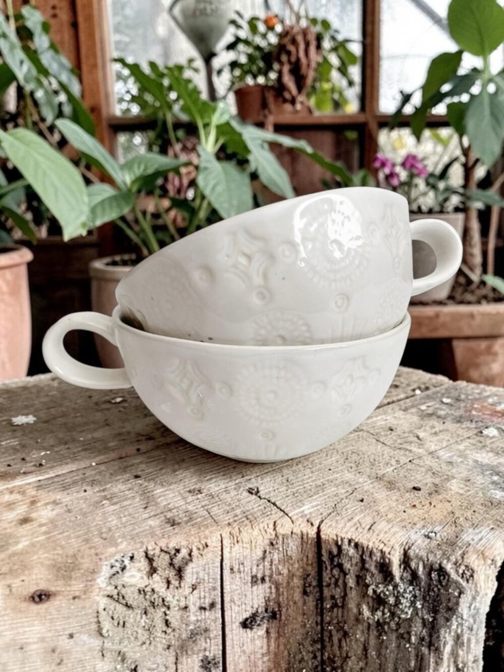 Anthropologie Havana Mugs Set: Embossed Clay, Dishwasher Safe, Portugal Made